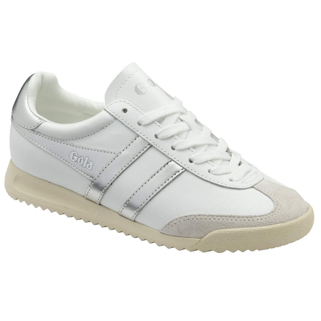 White Gola sneaker with silver stripes and a textured beige sole, left profile view.