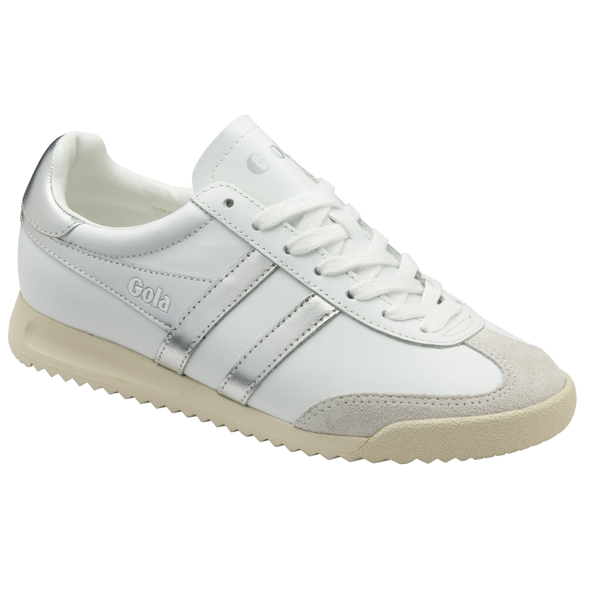 White Gola sneaker with silver stripes and a textured beige sole, left profile view.