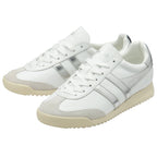 Pair of white Gola sneakers with silver stripes and textured beige soles.