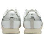 Back view of a pair of white Gola sneakers with silver accents.