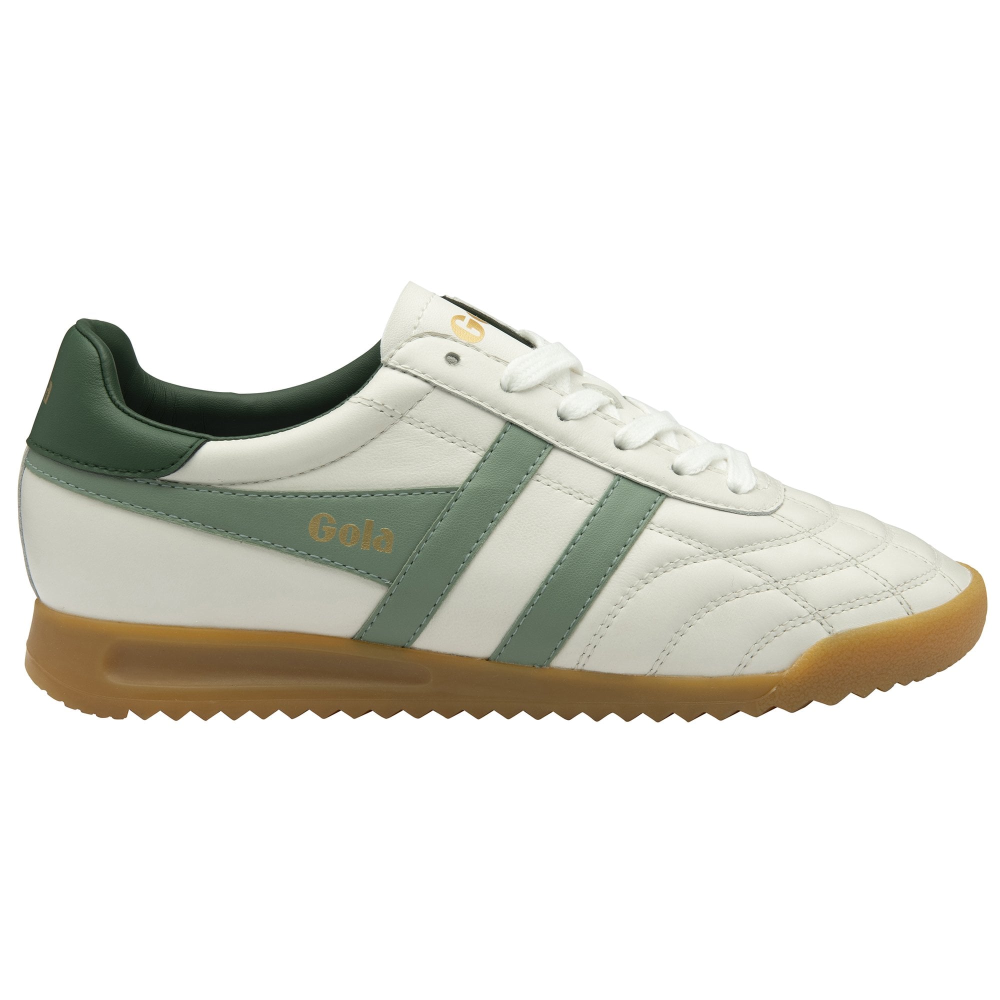 Side profile of a Gola white and green sneaker with a brown sole.