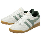 Pair of Gola white and green sneakers with brown soles.