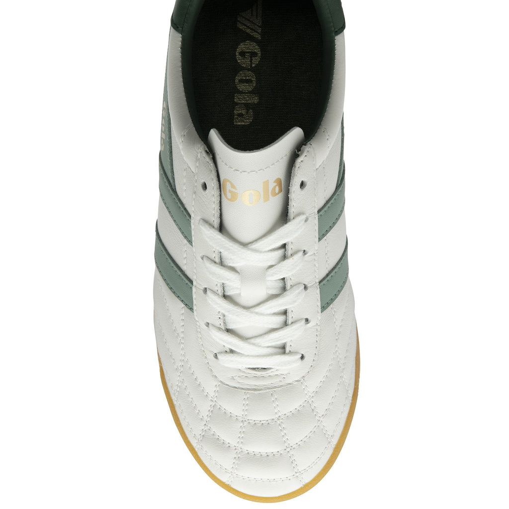 Top-down view of a Gola white and green sneaker with a brown sole.