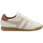 A white Gola women's sneaker with pink stripes and a gum sole, viewed from the side.