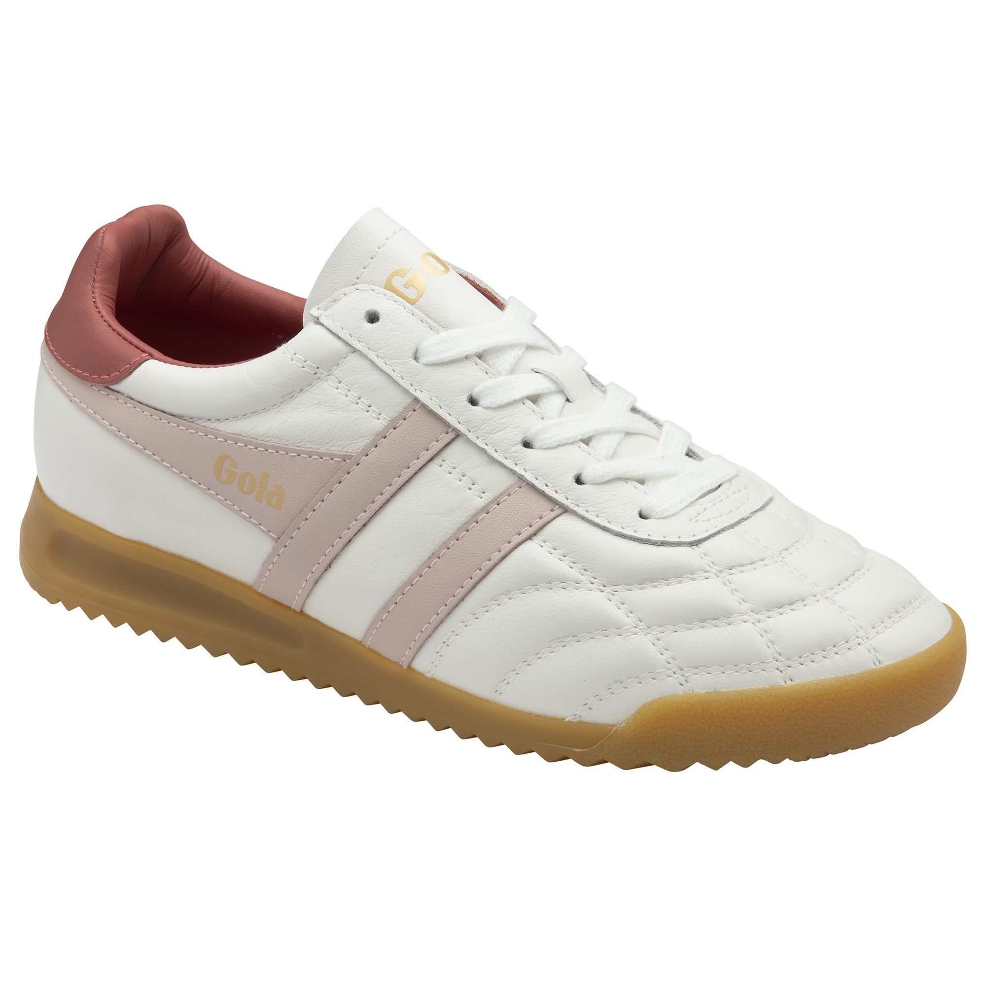 A white Gola women's sneaker with pink stripes and a gum sole, viewed from an angle.