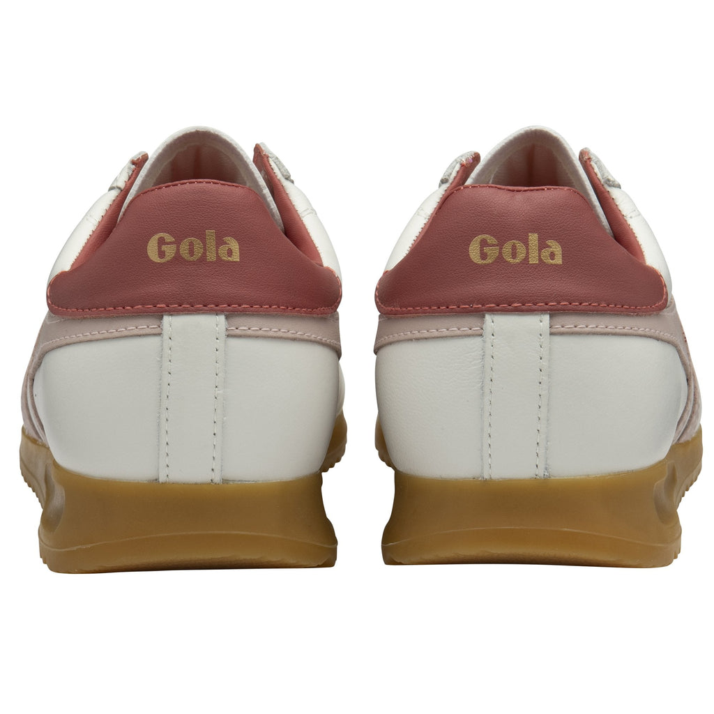 The back view of a pair of white Gola women's sneakers with pink heels and gum soles.