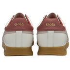 The back view of a pair of white Gola women's sneakers with pink heels and gum soles.