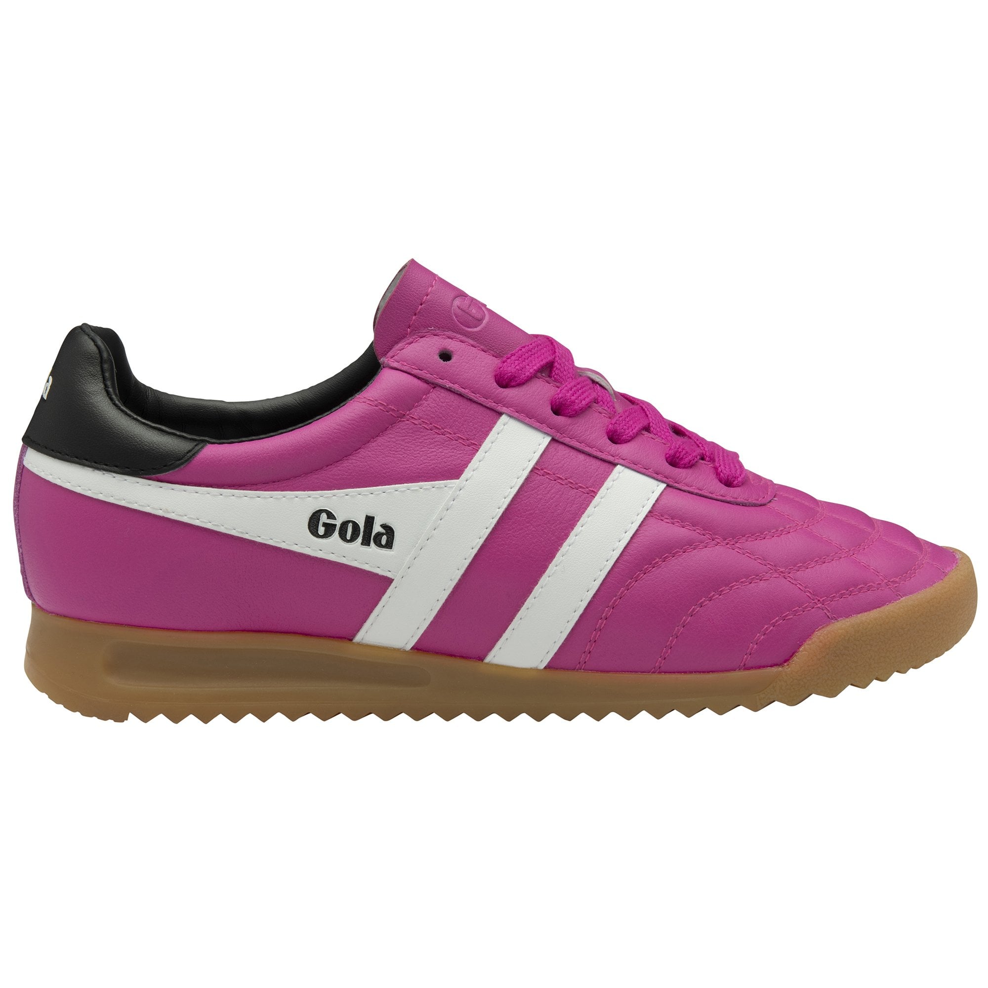 A single Gola trainer in bright pink with white stripes and a black heel, shown from the side.