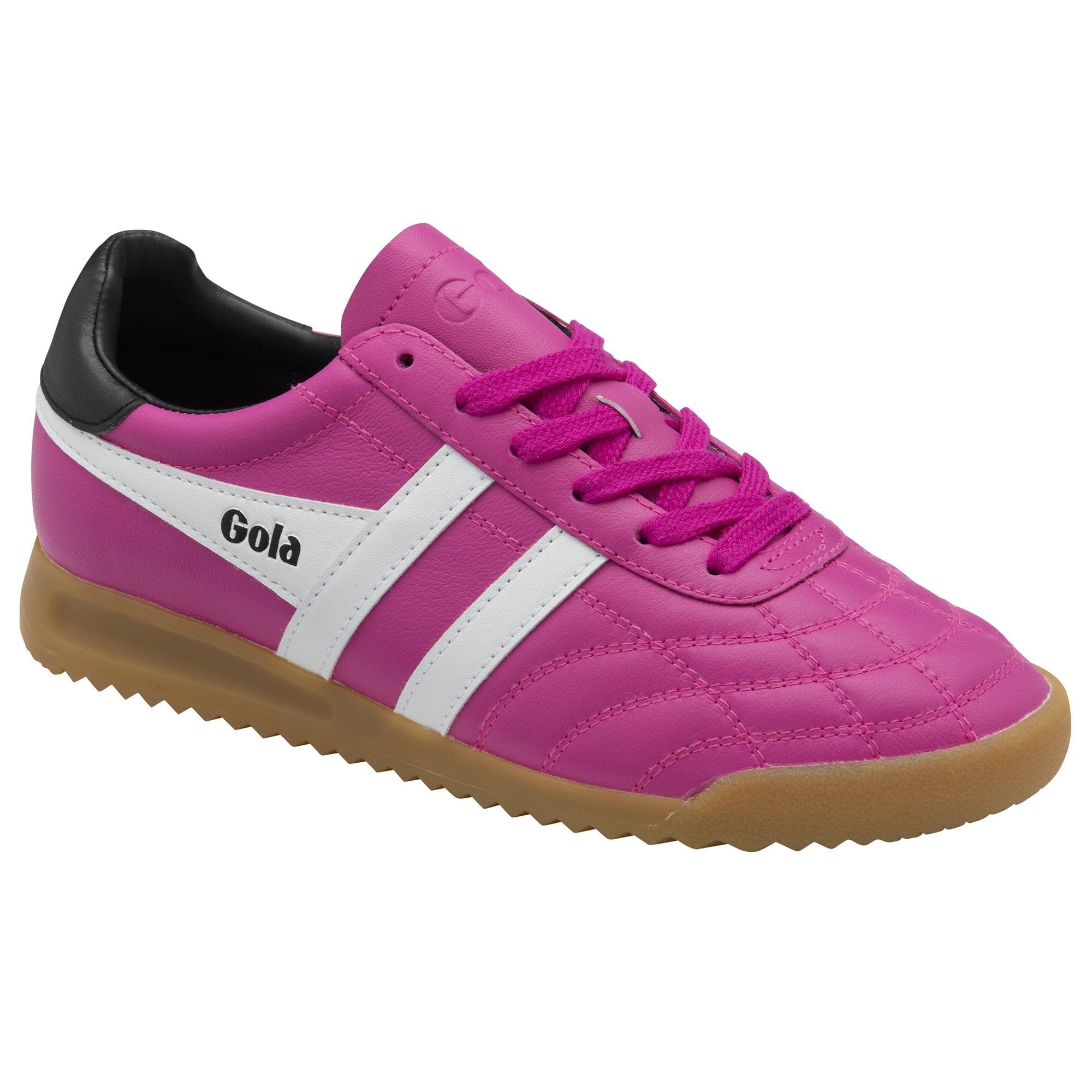 A vibrant pink Gola trainer with white stripes on the side, viewed from a slight angle.