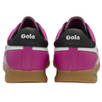 Rear view of two Gola trainers, displaying the Gola logo on the black heel collars.