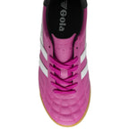 Top-down view of a bright pink Gola trainer, showcasing the laces and white side stripes.