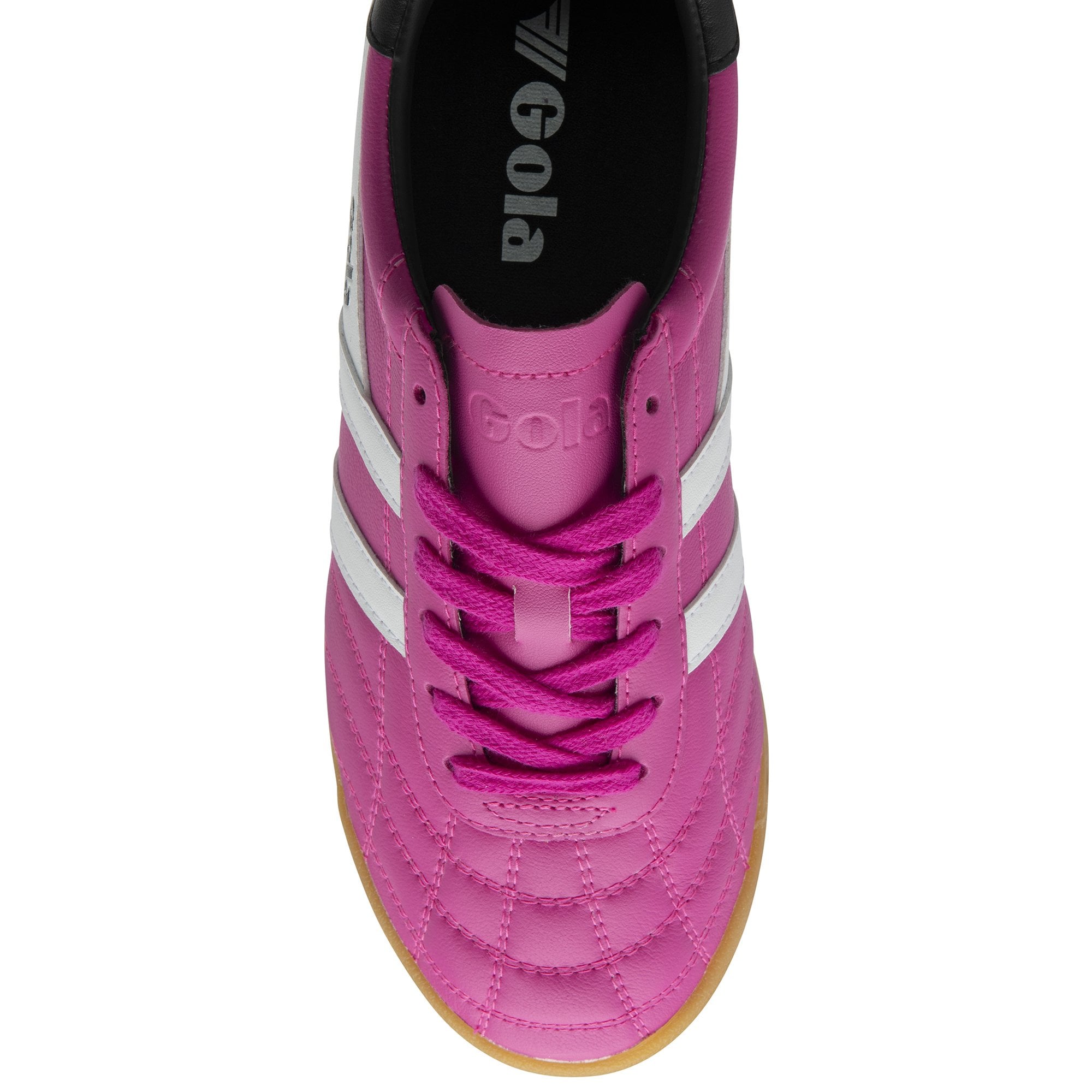 Top-down view of a bright pink Gola trainer, showcasing the laces and white side stripes.