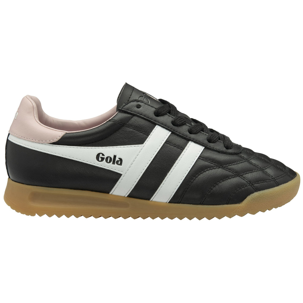 Black Gola sneakers with white stripes and a pink heel tab, angled view, for athletic wear.