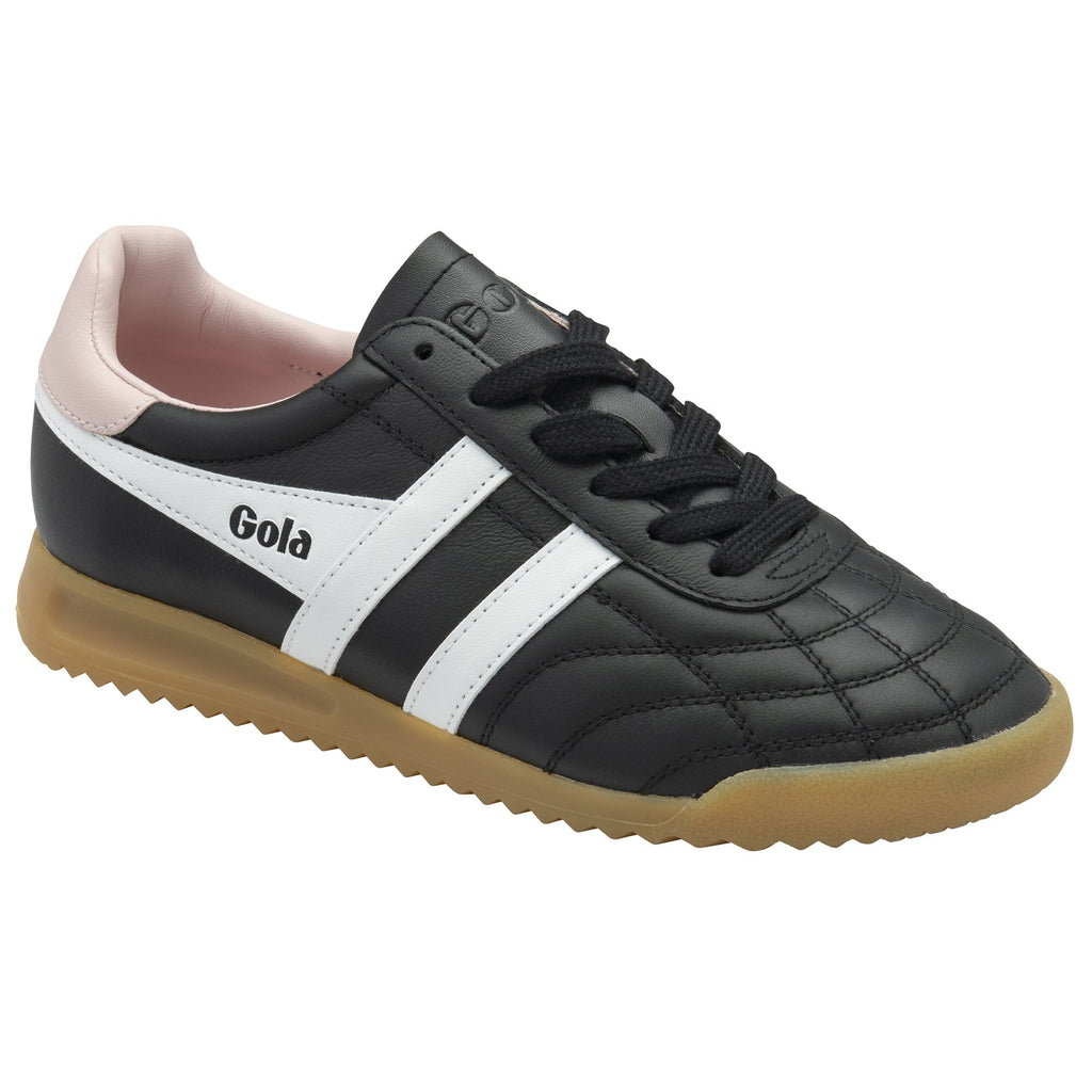 Black Gola sneakers with white stripes and a pink heel tab, side view, for athletic wear.