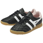 Pair of black Gola sneakers with white stripes and pink heel tabs, for athletic wear.