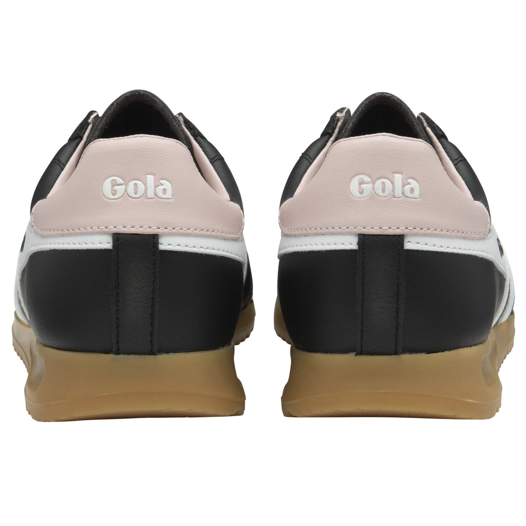 Rear view of black Gola sneakers with pink heel tabs, for athletic wear.