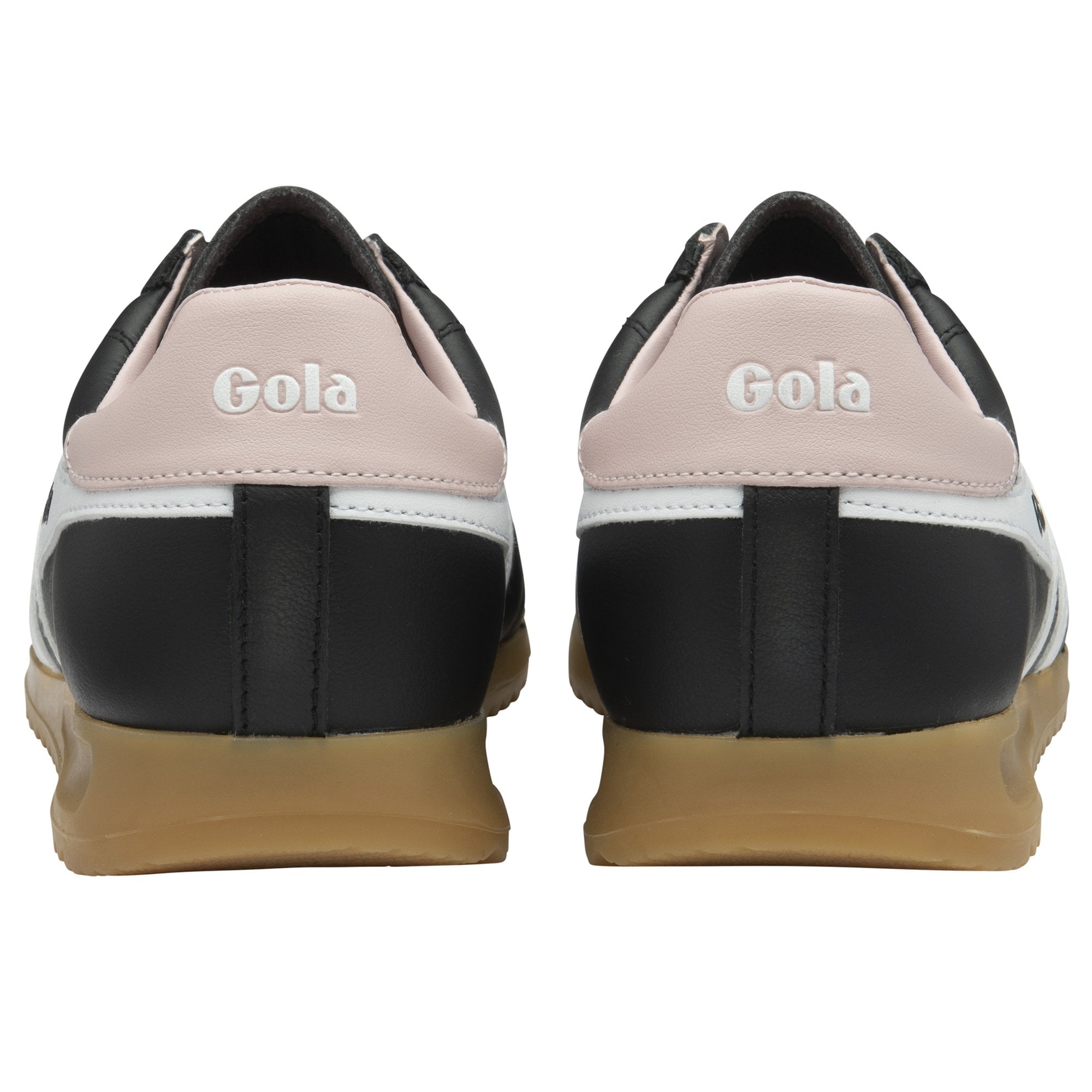 Rear view of black Gola sneakers with pink heel tabs, for athletic wear.