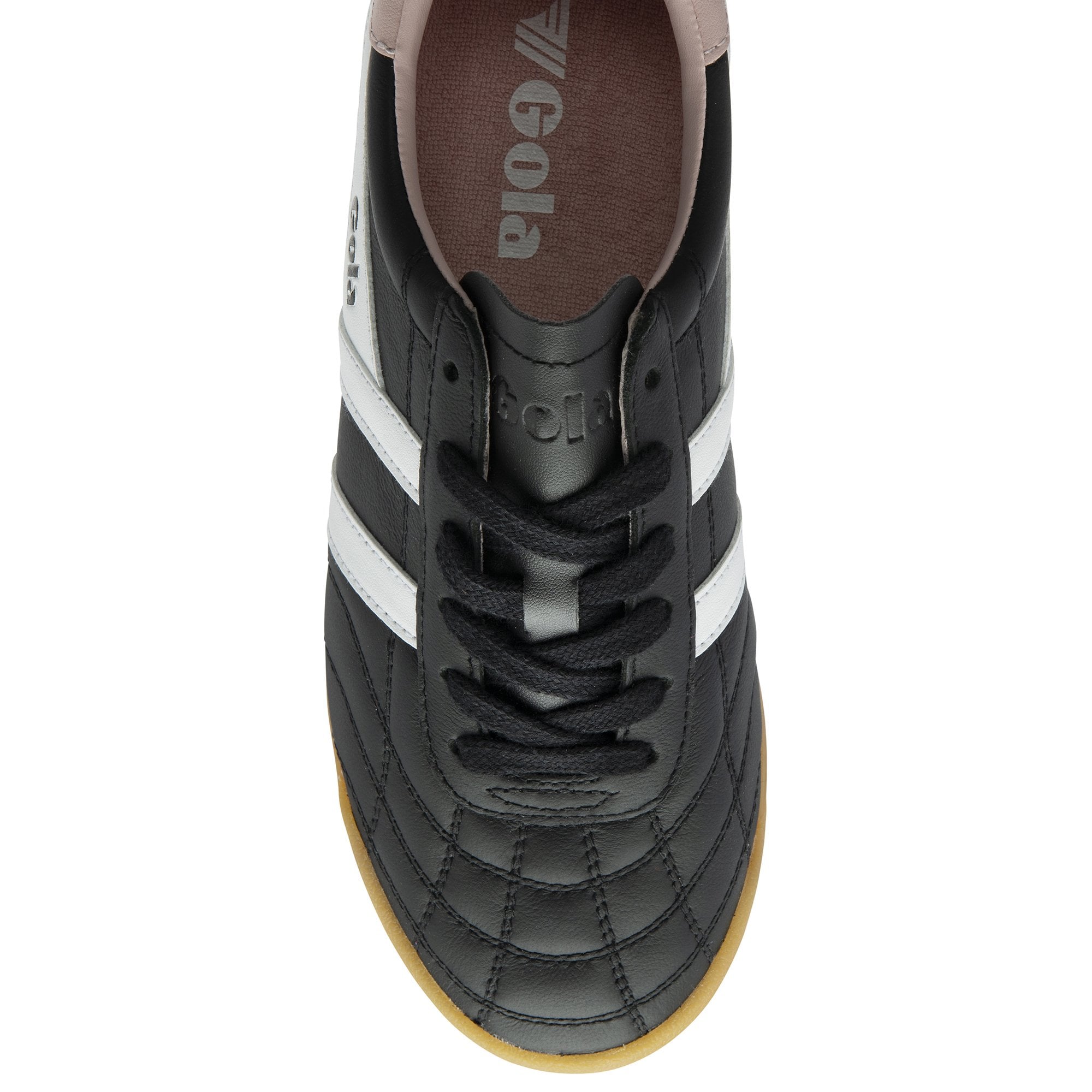 Top-down view of a black Gola sneaker with white stripes, for athletic wear.