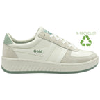 A white and green Gola sneaker with a "RECYCLED" logo and recycling symbol.