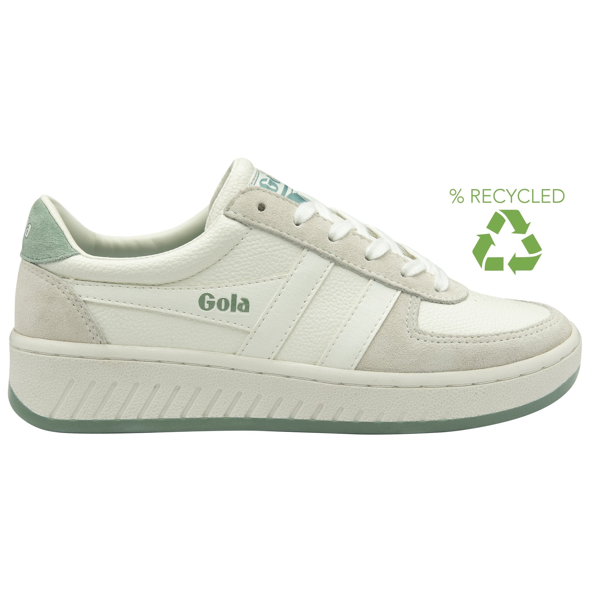 A white and green Gola sneaker with a "RECYCLED" logo and recycling symbol.