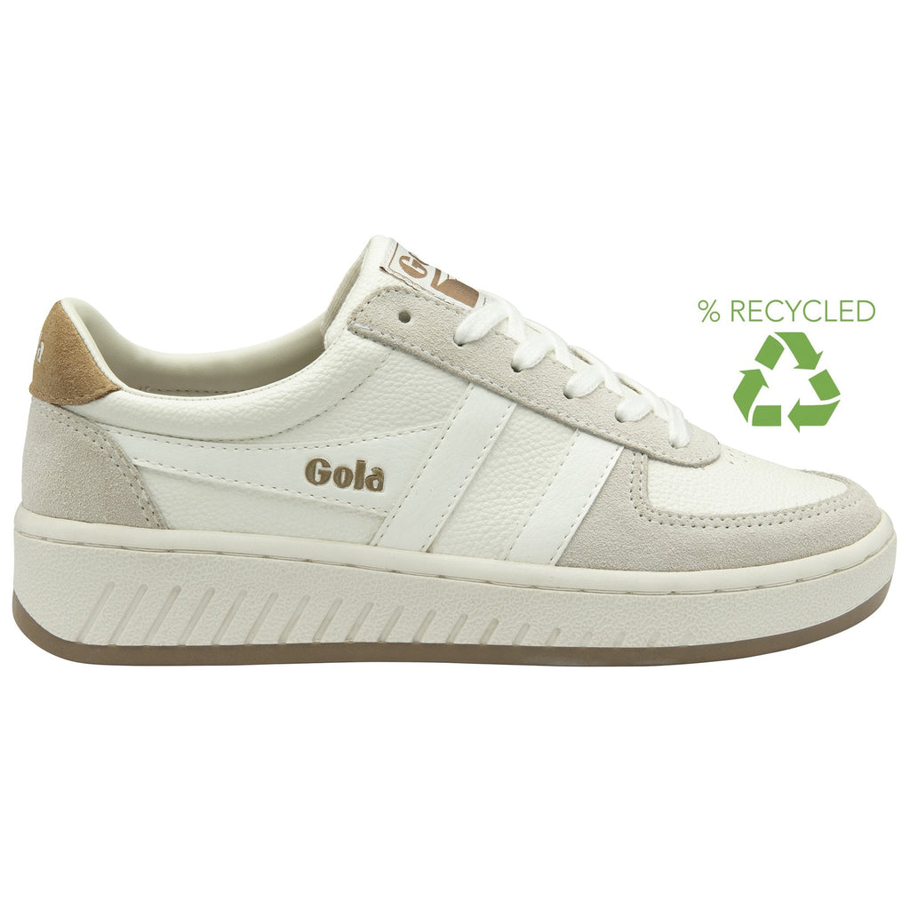 A white Gola sneaker made from recycled materials, with a light brown heel and Gola lettering.