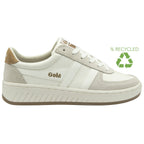 A white Gola sneaker made from recycled materials, with a light brown heel and Gola lettering.