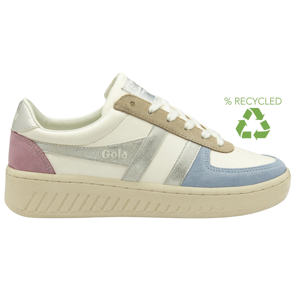 A white and blue Gola sneaker with a "RECYCLED" symbol and text.