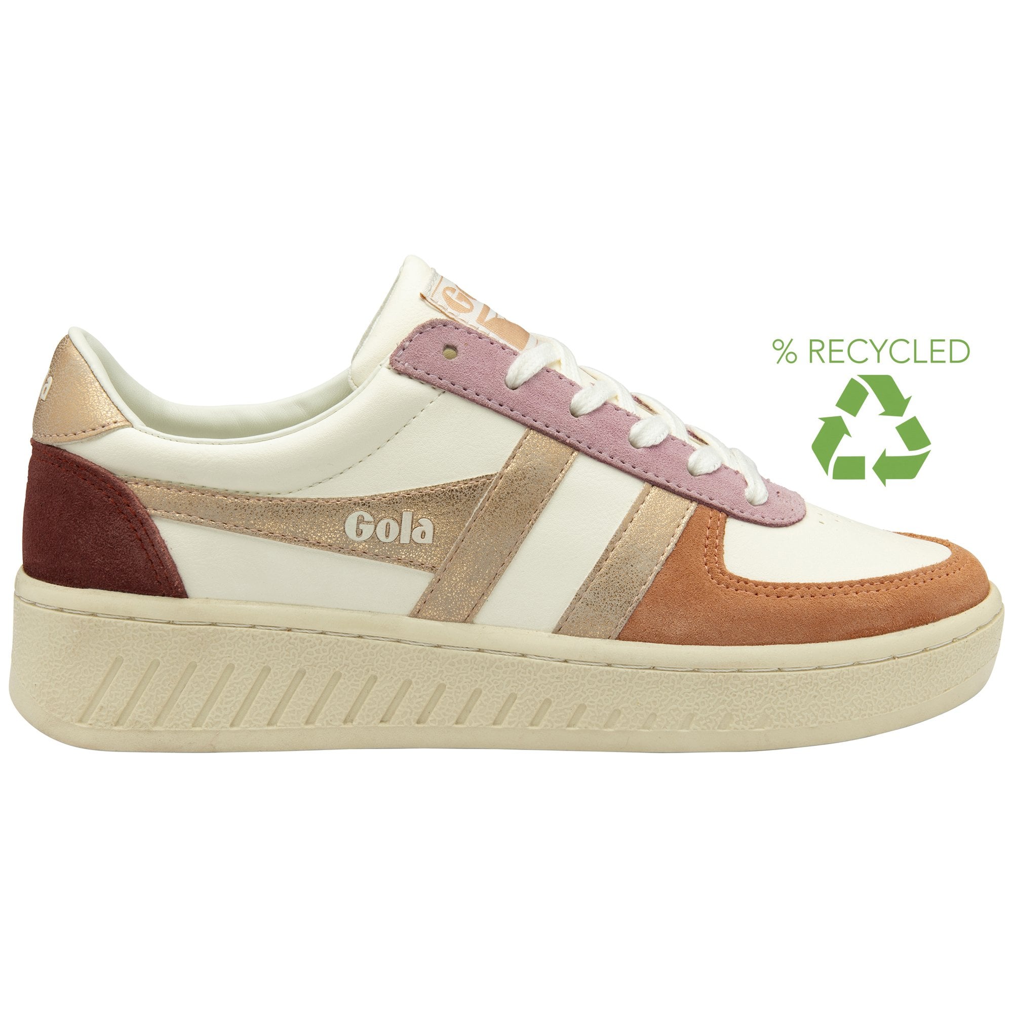 A recycled women's Gola sneaker in white with rose gold and pink accents.