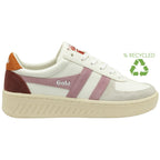 A white Gola sneaker with a pink stripe and a brown heel, and a recycled logo on the right.