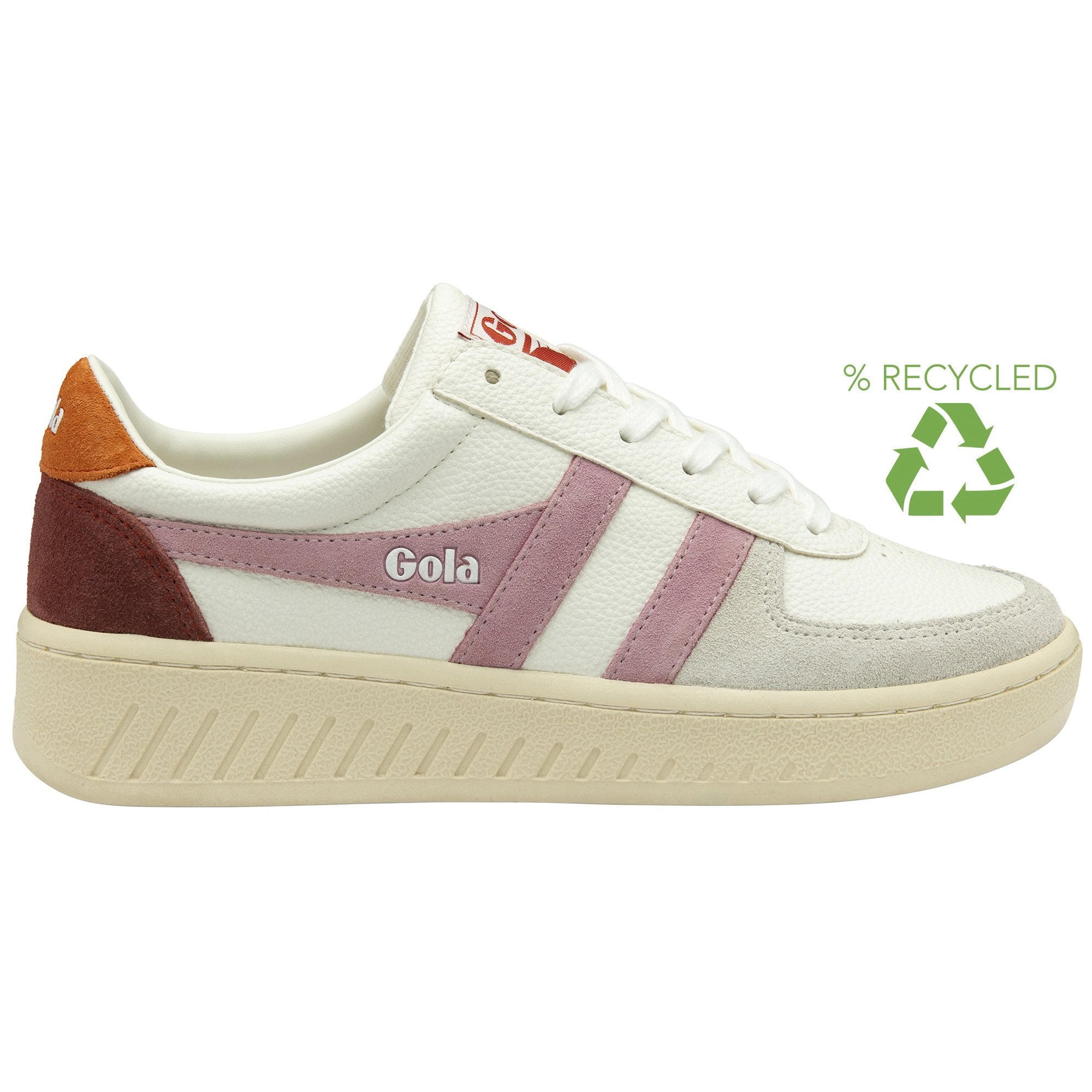 A white Gola sneaker with a pink stripe and a brown heel, and a recycled logo on the right.