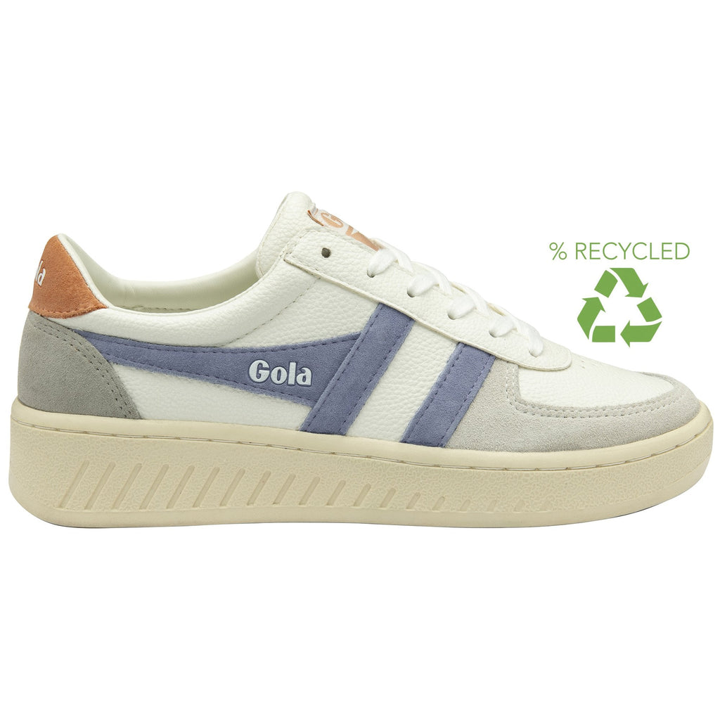 Side view of white Gola sneakers with blue stripes and a recycling symbol.