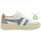 Side view of white Gola sneakers with blue stripes and a recycling symbol.