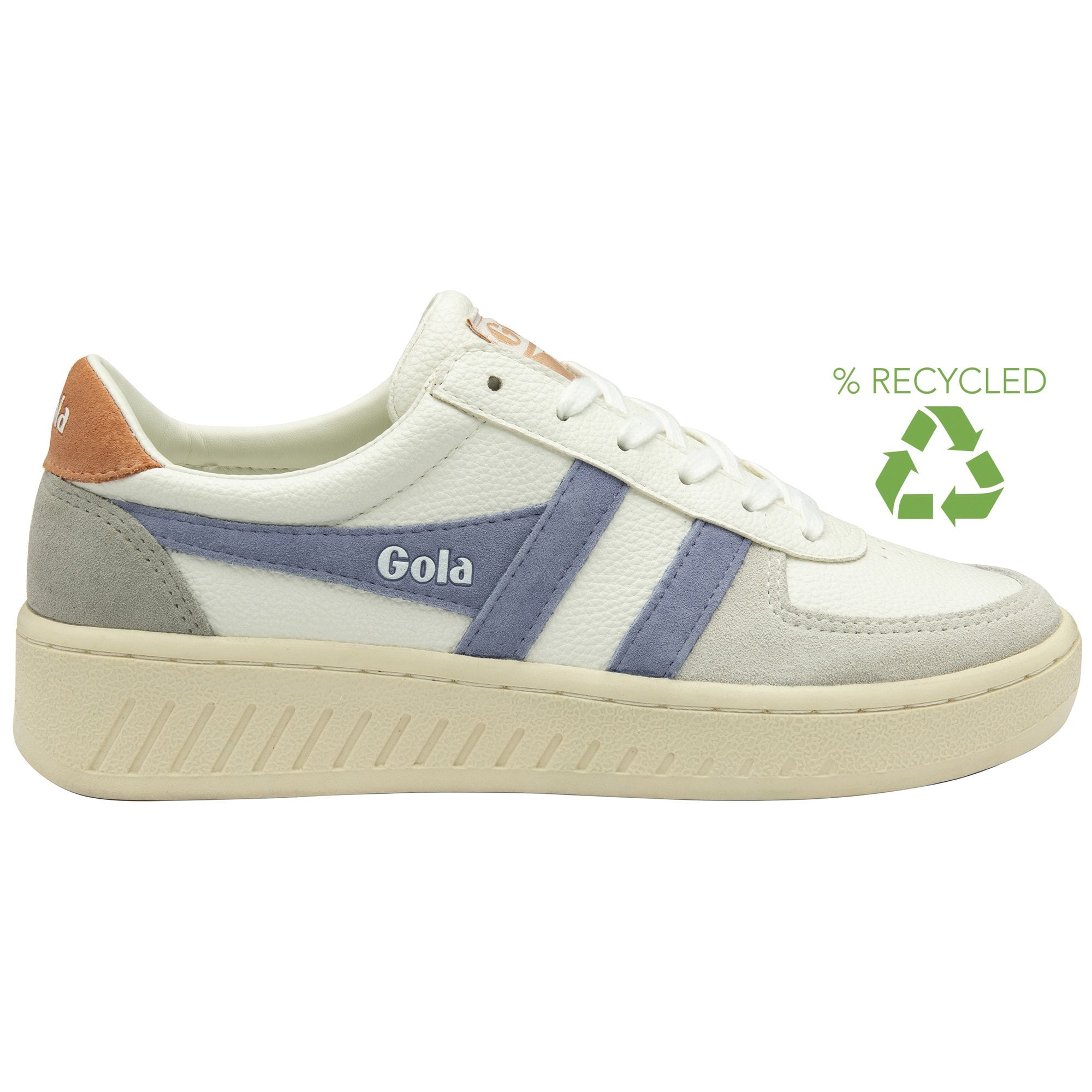 Side view of white Gola sneakers with blue stripes and a recycling symbol.