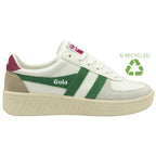 A recycled Gola sneaker with green stripes against a white background.