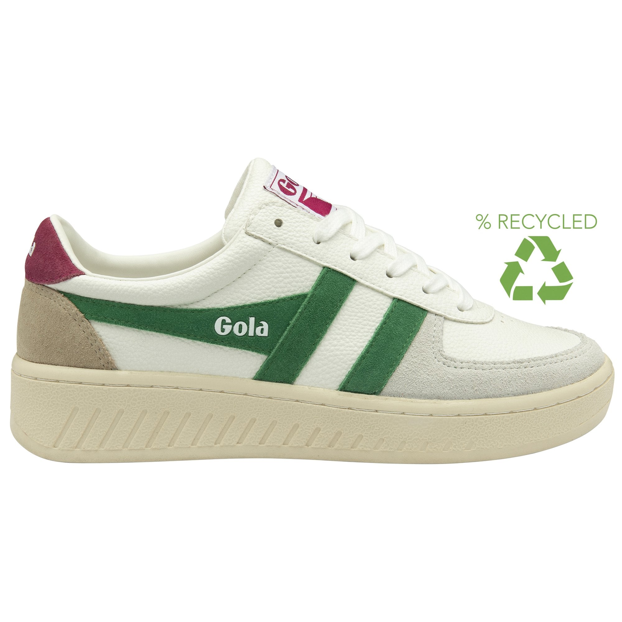 A recycled Gola sneaker with green stripes against a white background.
