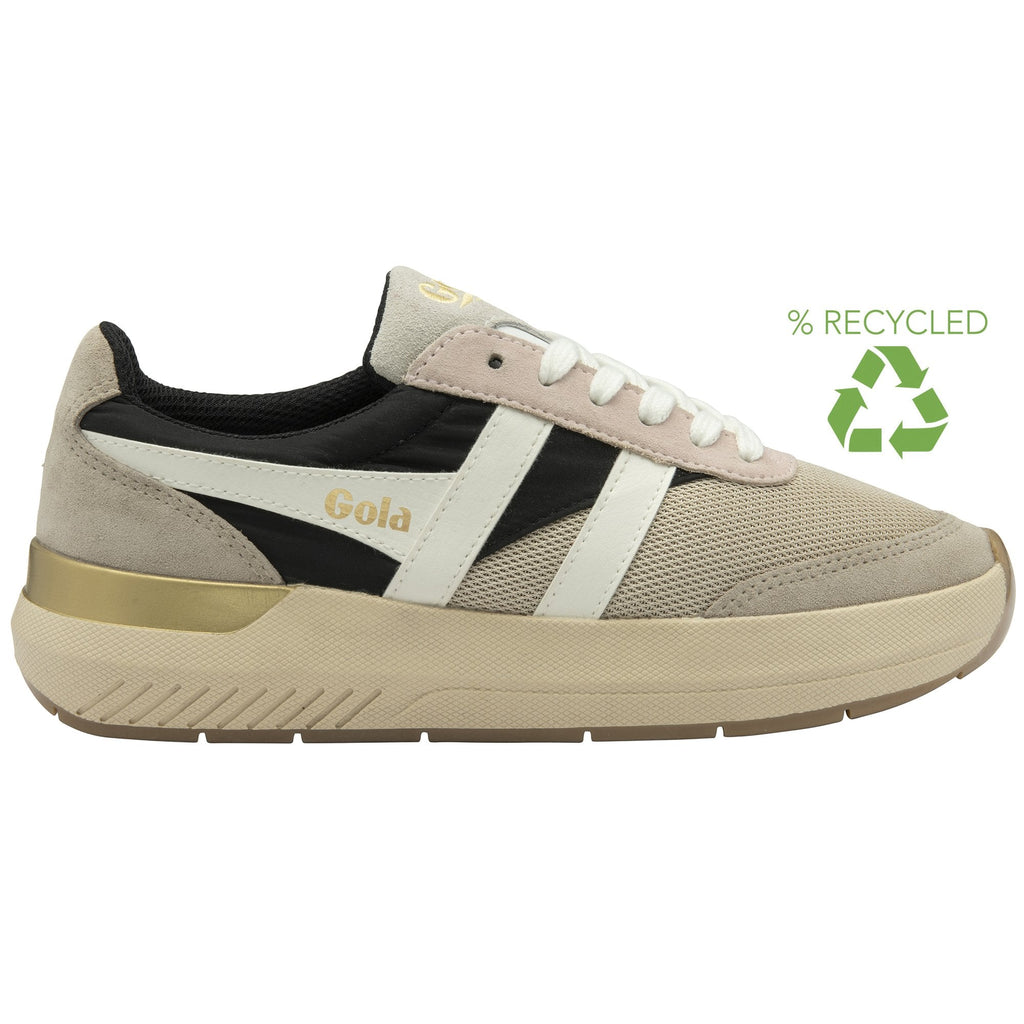 A recycled materials logo is displayed next to a casual women's sneaker with black, white, and gold accents.