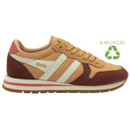 Side profile of a Gola women's trainer in sun/burgundy, with a green recycled logo.