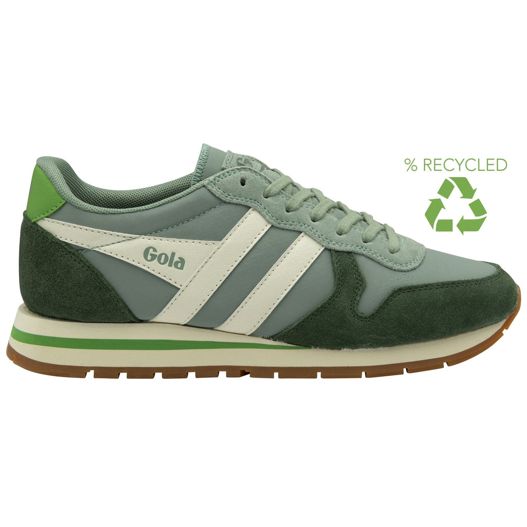 A recycled logo is next to a green Gola sneaker on a white background.