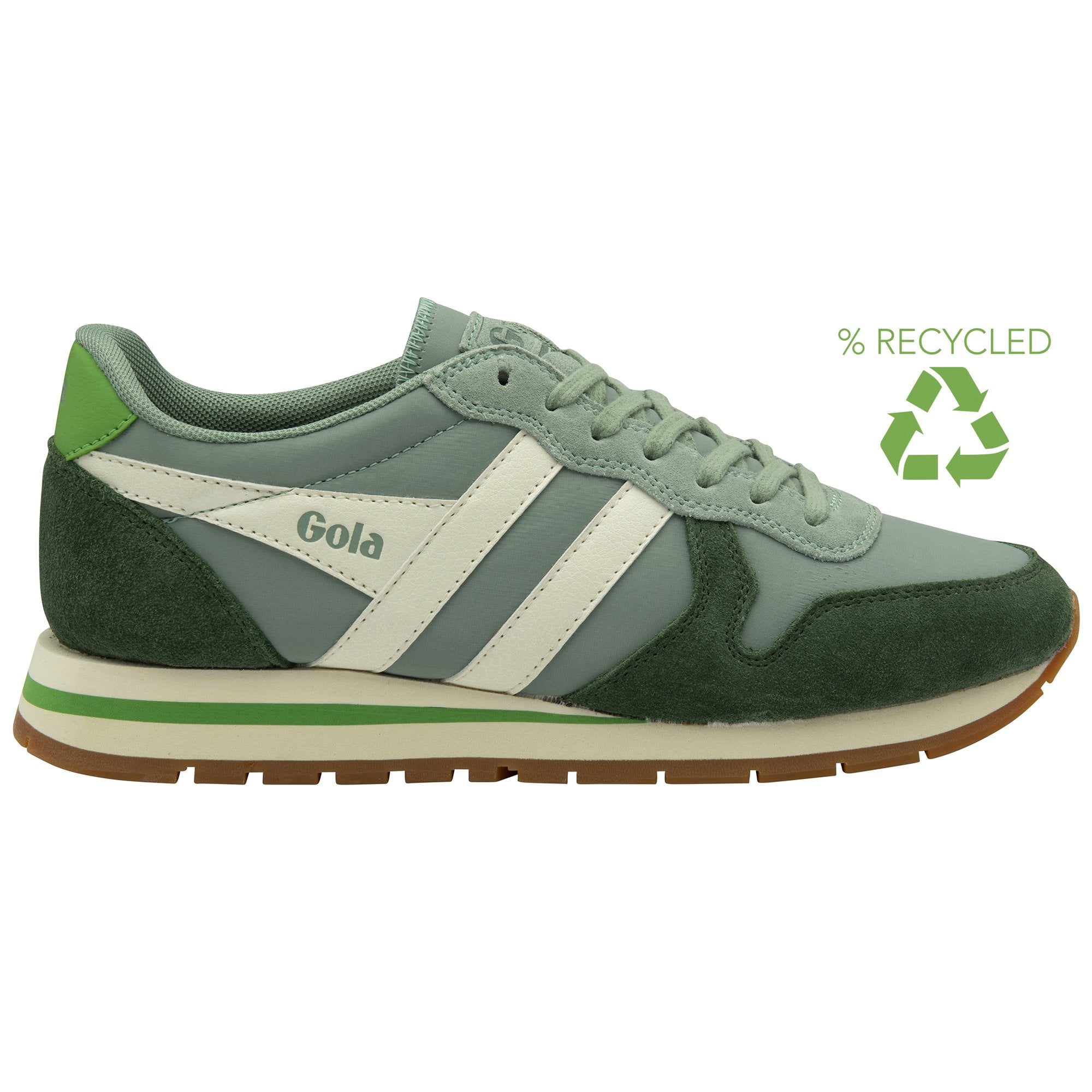 A recycled logo is next to a green Gola sneaker on a white background.