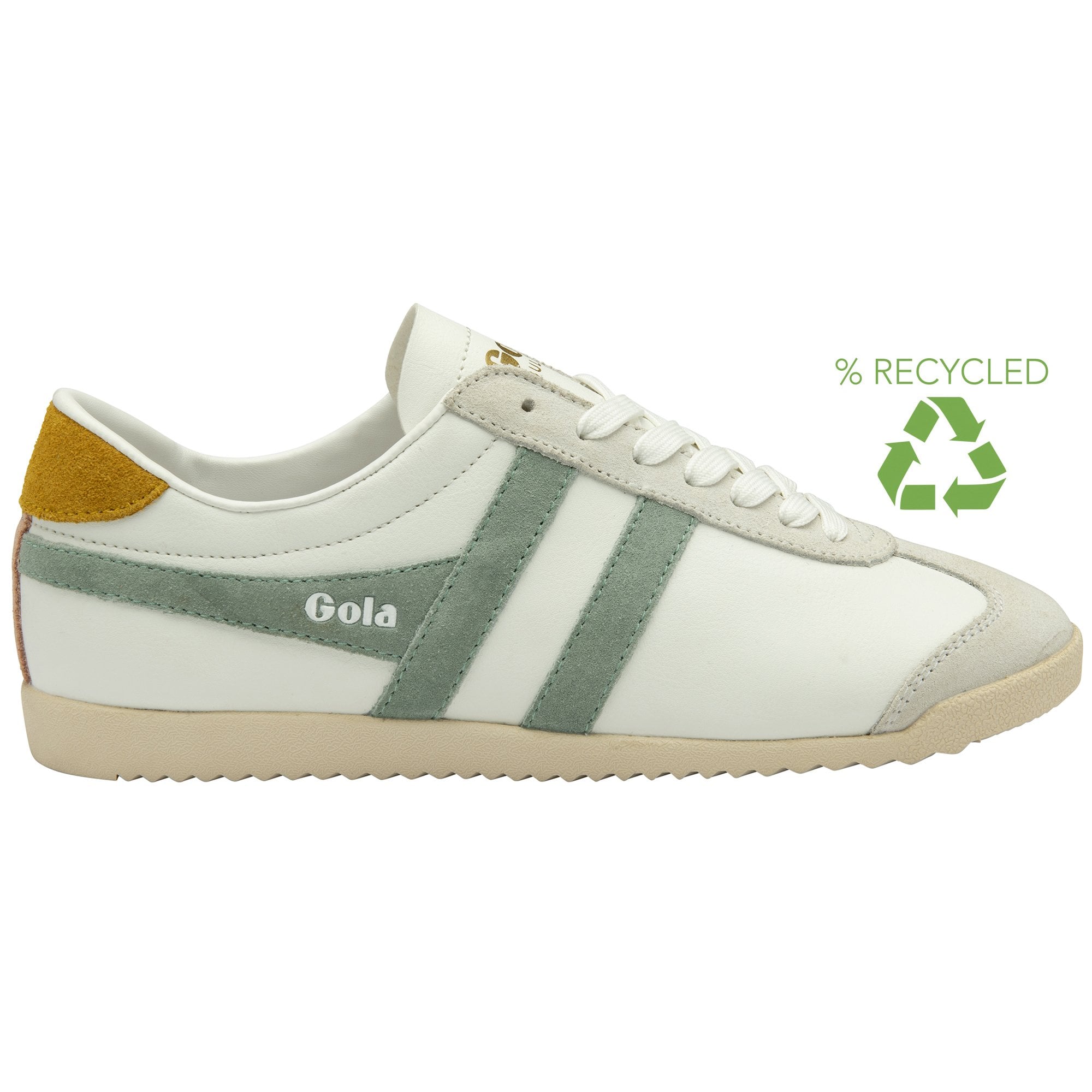 A white and sage green Gola sneaker with a mustard heel accent. The Gola logo and a recycled symbol are visible.