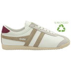 A recycled Gola Bullet trainer with white upper, beige stripes and a burgundy heel tab.
