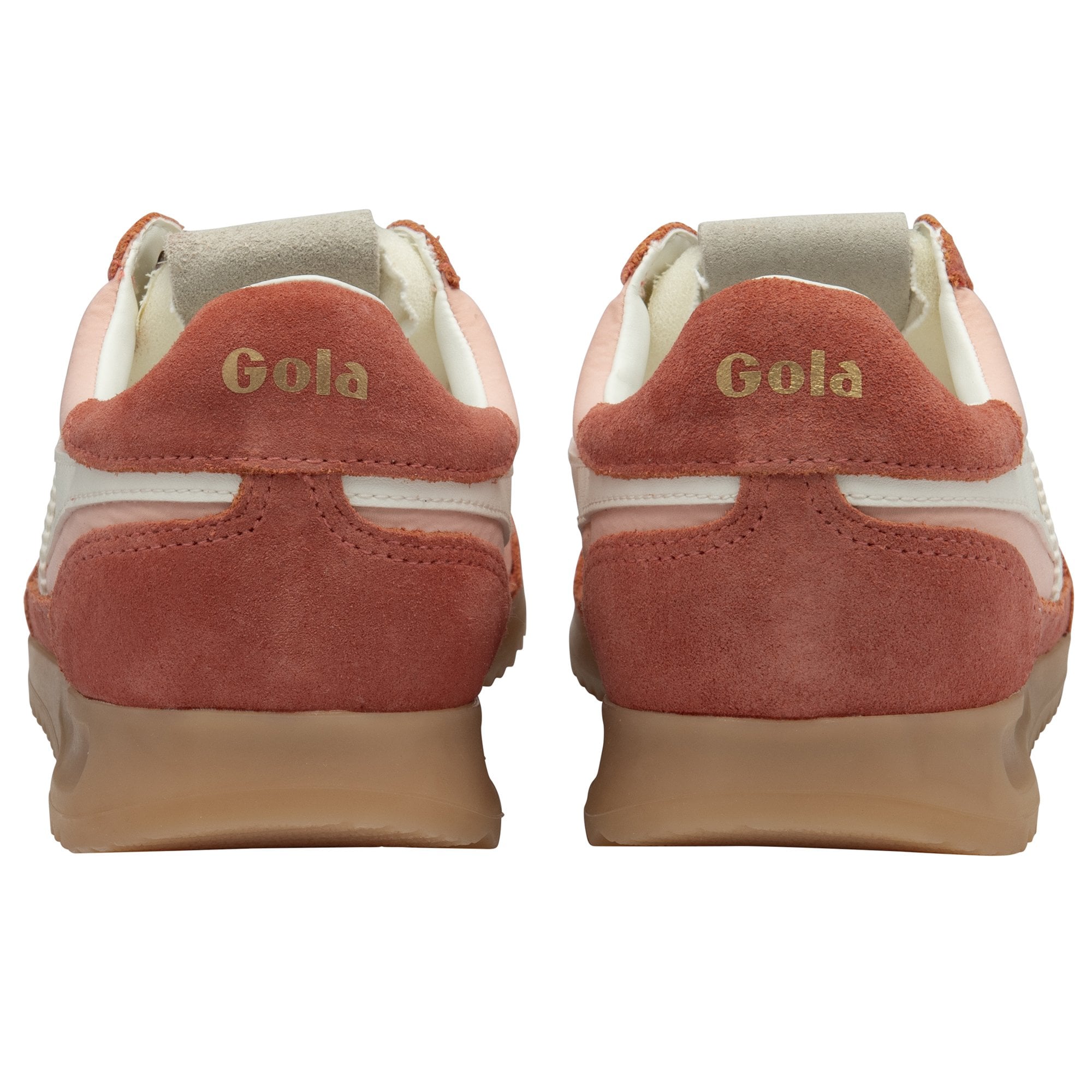 A pair of Gola women's trainers, in peach and russet, seen from the back.