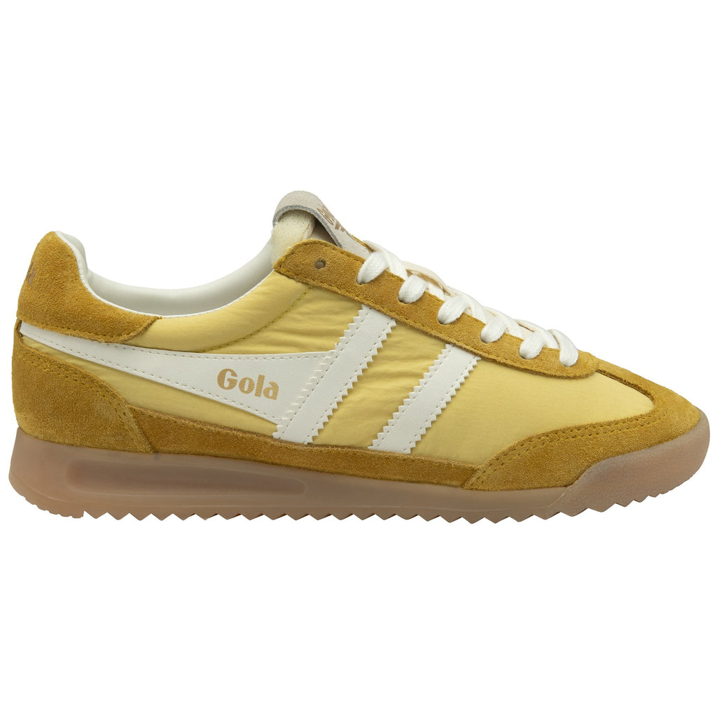 Side profile of a single Gola men's Trainer in light yellow and mustard with white stripes.