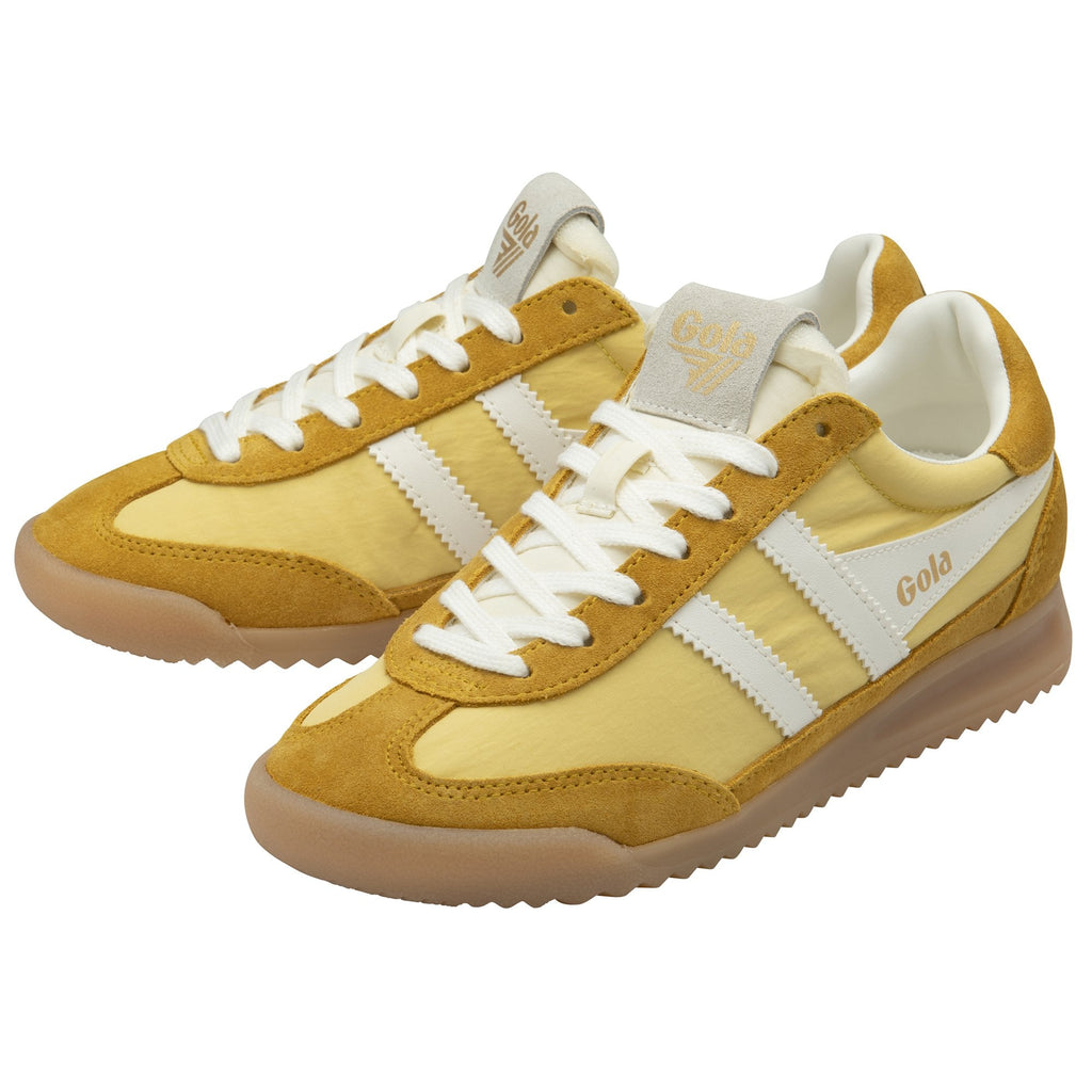 Pair of Gola men's Trainers in light yellow and mustard with white stripes.