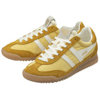 Pair of Gola men's Trainers in light yellow and mustard with white stripes.