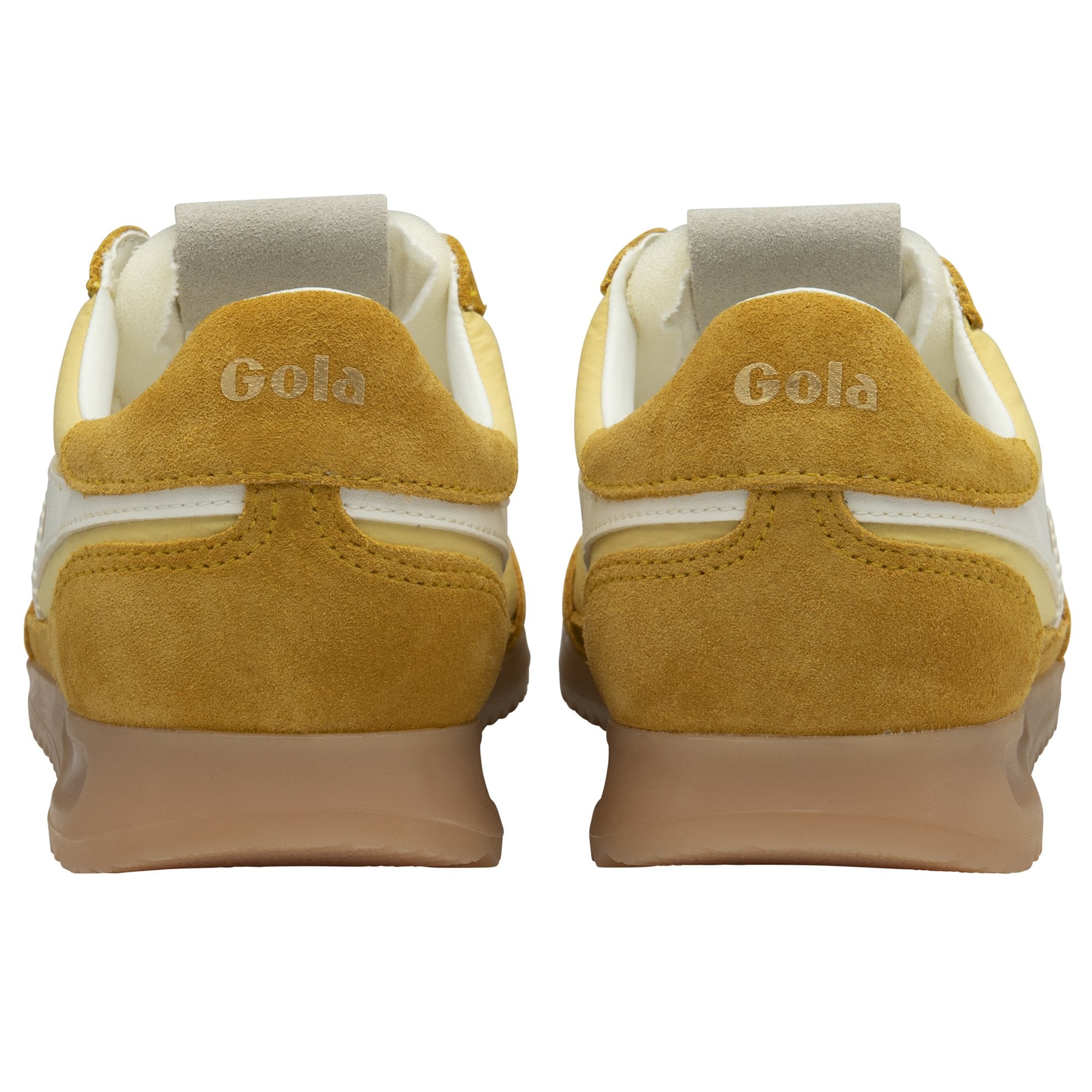 Rear view of a pair of Gola men's Trainers in light yellow and mustard with white stripes.