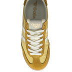 Top-down view of a single Gola men's Trainer in light yellow and mustard with white stripes.