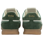 A pair of Gola Hurricane trainers in green and white, viewed from the rear.
