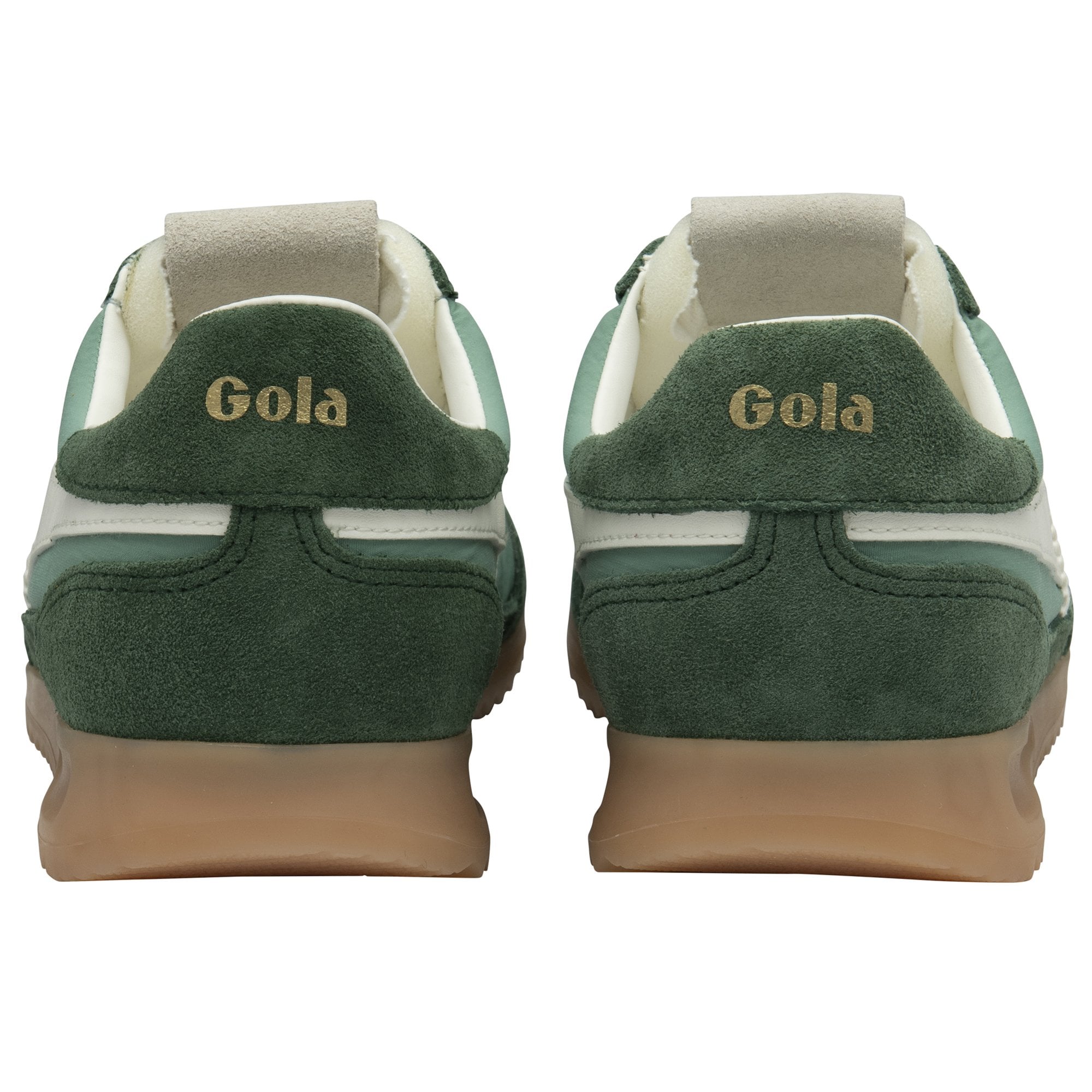 A pair of Gola Hurricane trainers in green and white, viewed from the rear.