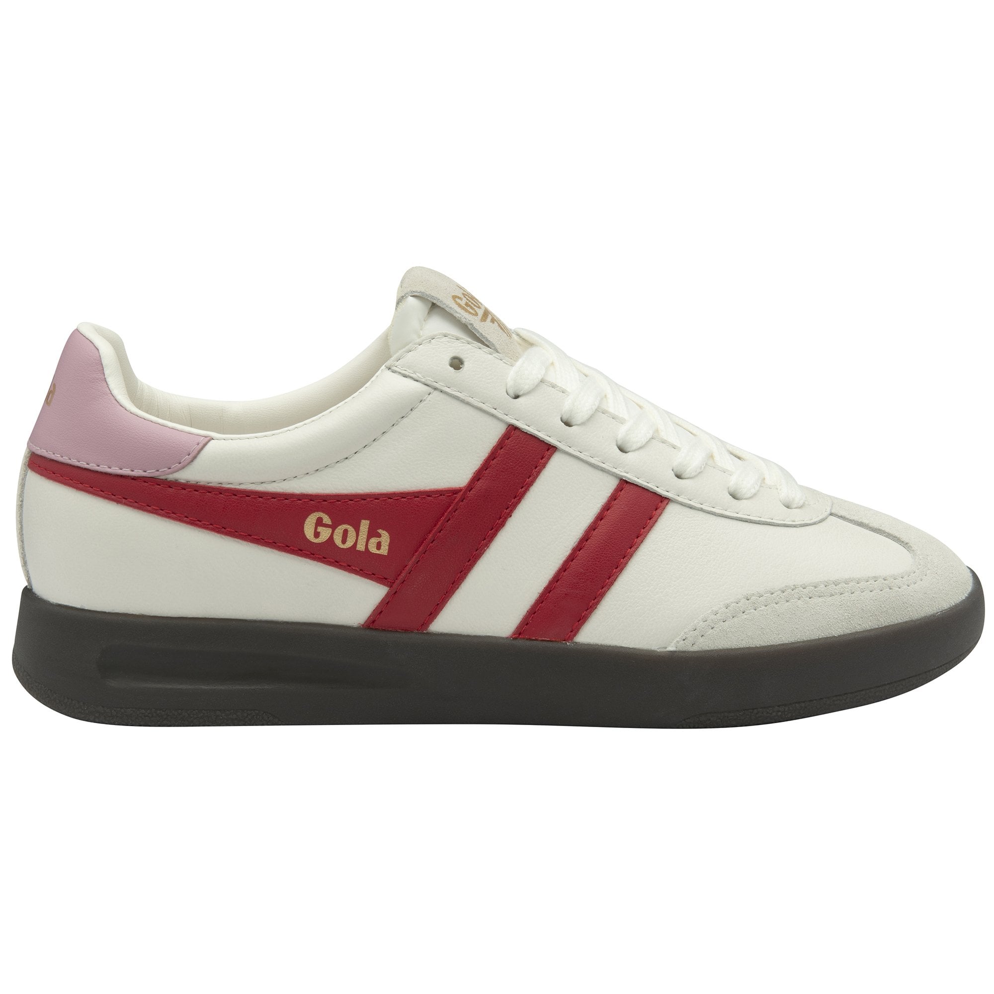 Side view of a white Gola sneaker with red stripes and pink heel tab on a dark sole. 
